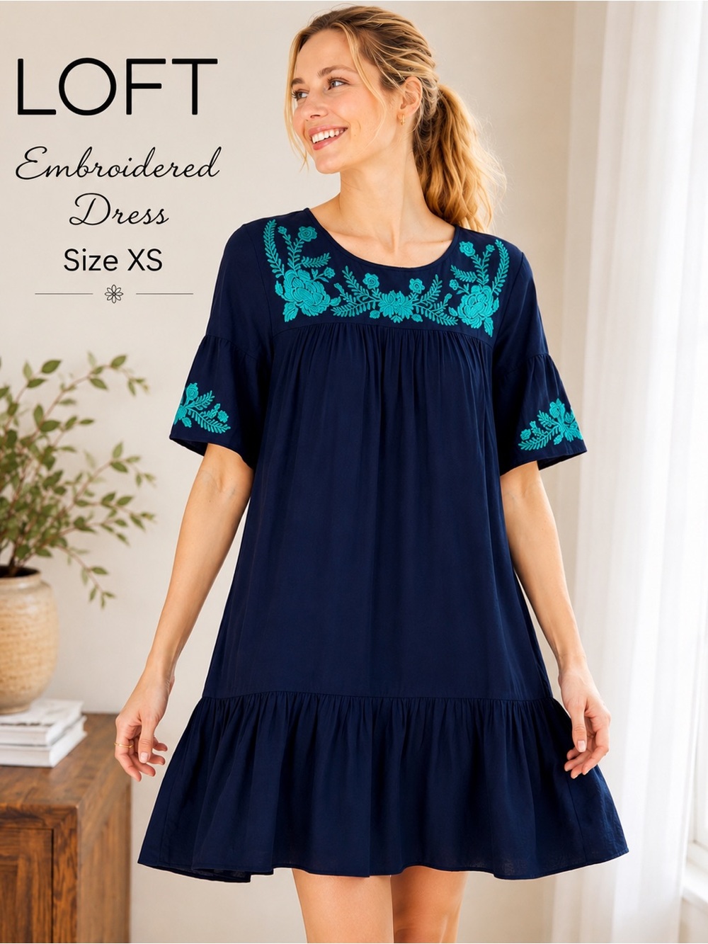 LOFT Embroidered Shift Dress XS Navy Blue Boho Floral Mini